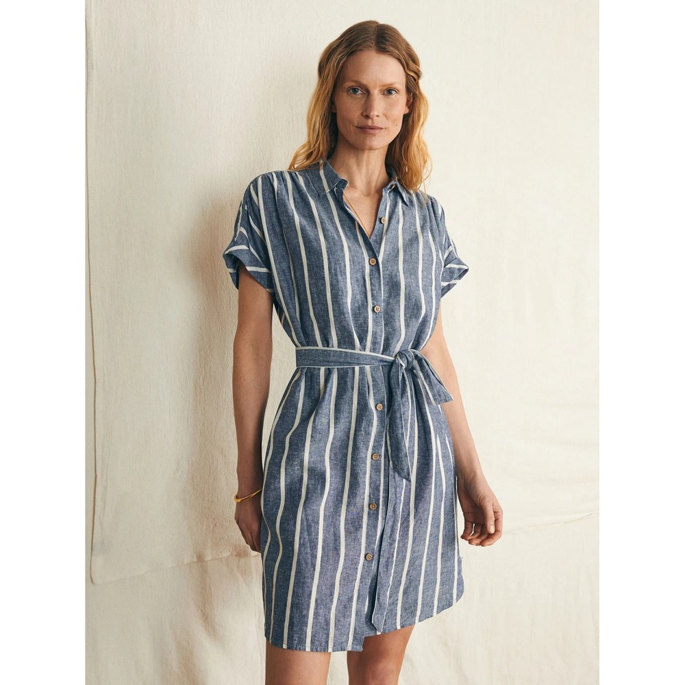Faherty Breeze Linen Shirtdress S Blue Stripe Belted Coastal Grandma Resort
